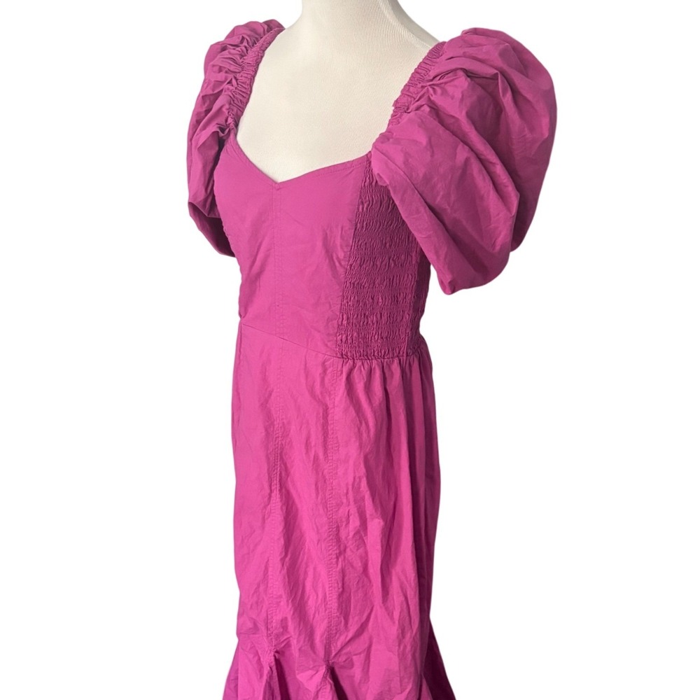 Cleobella Puff Sleeve Midi Dress Women's S Fuchsia Smocked Tiered Cotton
